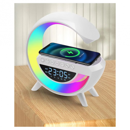 Boxă Bluetooth cu Încărcător Wireless 4 în 1 – Ceas Digital, Lumină LED RGB, Radio FM, Slot microSD