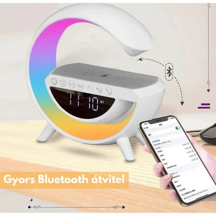 Boxă Bluetooth cu Încărcător Wireless 4 în 1 – Ceas Digital, Lumină LED RGB, Radio FM, Slot microSD