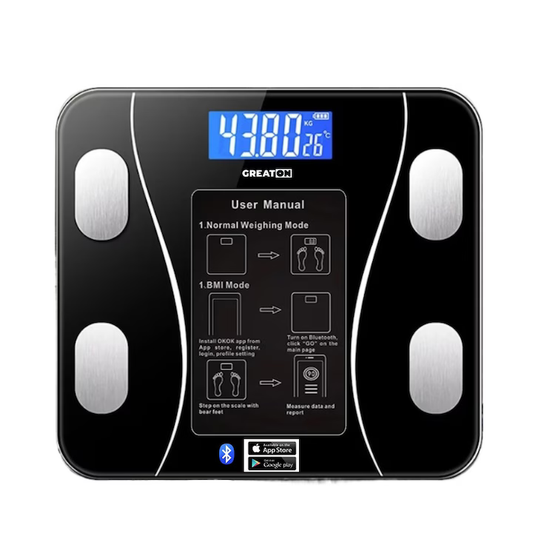 Cântar Corporal Inteligent cu Aplicaţie Telefon • Sticlă Securizată • Afisaj LCD • Negru